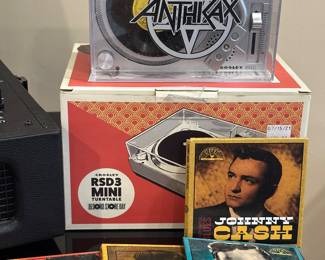 Crosley RSD3 Mini Turntable / Record Store Day 3-inch record player, with Anthrax mini record and several Johnny Cash 3-inch mini records