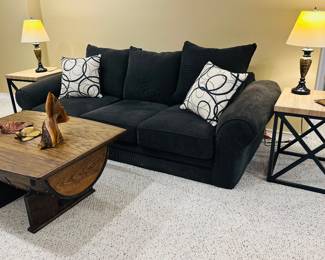 Deep blue sofa, end tables