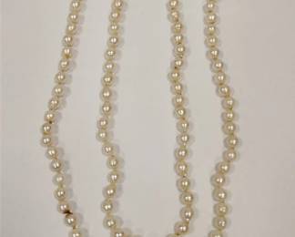 34 INCH SINGLE STRAND PEARL NECKLACE, CLASP MARKED 14K