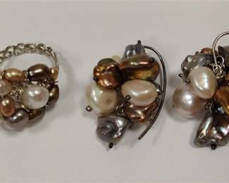 MULTI COLORED BAROQUE PEARL EARRINGS AND RING STRUNG ON STERLING WIRE