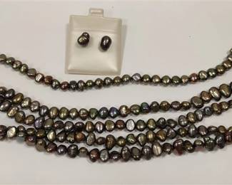 PEACOCK GRAY PEARLS - BRACELET, EARRINGS AND NECKLACE