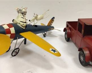 CONTEMPORARY METAL MODEL AIRPLANE WHIRLIGIG AND A TRUCK PLANTER