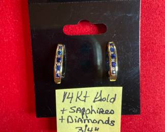 14 KT Gold & Sapphire & Diamonds 3/4” earrings