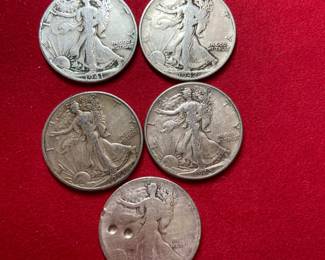 Lot of 5 Walking Liberty Half Dollars, .900 silver