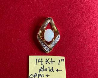 14 KT gold & opal & diamond 1” pendant
