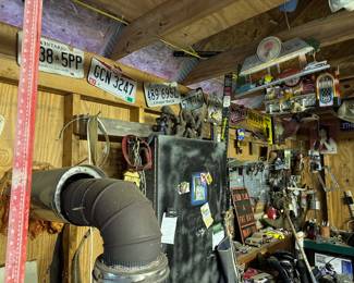 License plates, loaded garage