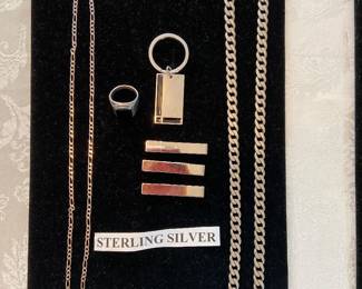 Sterling Silver necklaces, ring, keychain, tie bars