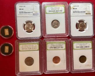 Slabbed coins, silver bars