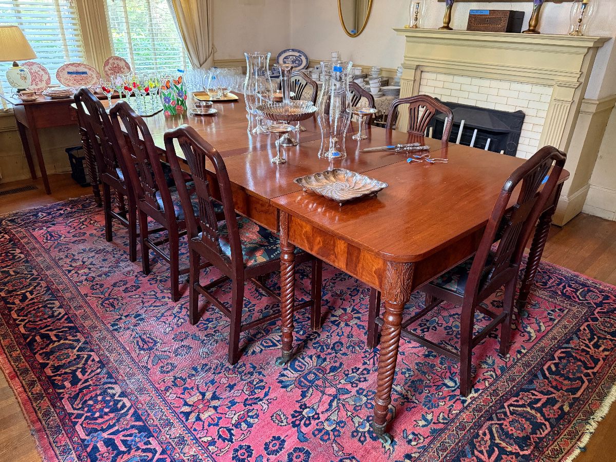 Large dining table, 8 dining chairs, misc crystal, china