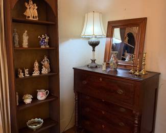 Empire chest, misc porcelain, lamp, mirror