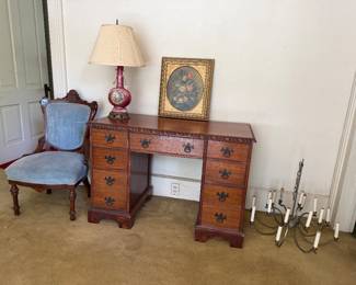 Desk, Victorian chair, lamp, artwork, light fixture 
