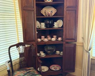 Handmade corner cabinet, misc porcelain