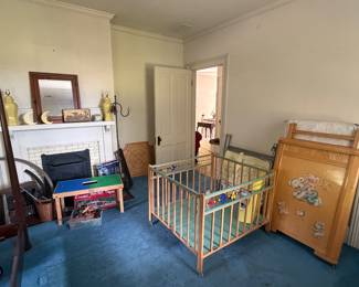 Vintage baby items, activity table, lamps