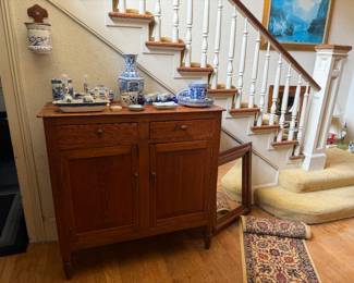 Jelly cupboard, blue and white, mirror, rug 