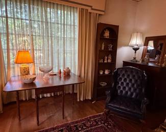 Drop leaf table, misc porcelain, lamp, mirror, wing chair