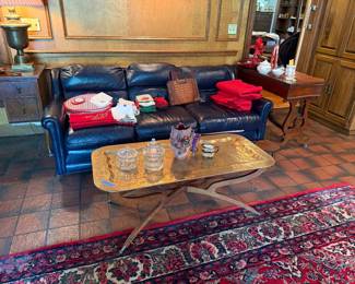 Vintage brass tray coffee table, rug