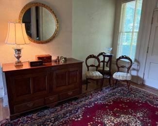 Rug, mule chest, tea caddies, Victorian balloon chairs, fern stand