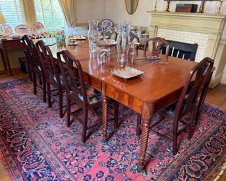 Rug, large dining table, 8 dining chairs, misc crystal, china