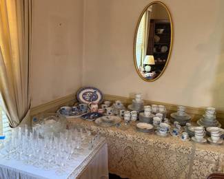 Punchbowl “slewed horseshoe,” glassware, China, Mikasa “embassy,” mirror