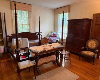 King poster bed, Chest on chest, Victorian chairs, linens, lamps