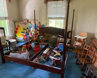 King poster bed, vintage toys, baby items