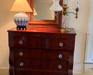 Empire chest, mirror, lamps