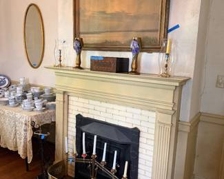 Brass fire fender, fire tools, church candelabra
