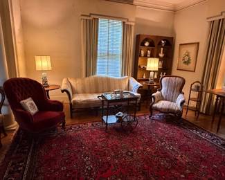 Rug, Chippendale sofa, tea cart, Victorian chairs, muffin stand, lamps, side tables, misc 