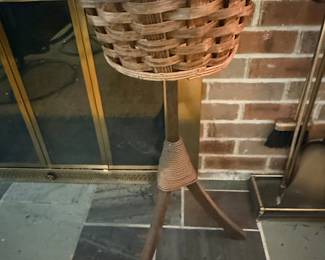 Vintage Woven Wicker Basket Plant Stand with Rope-Wrapped Tripod Base