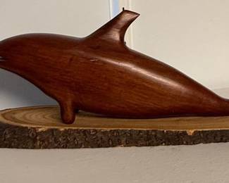 Hand-Carved Ironwood Dolphin Sculpture on Live-Edge Base