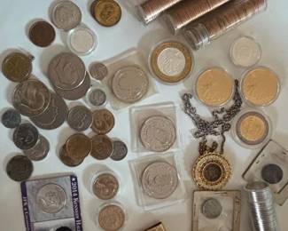 Mixed Coin Collection with Various Denominations and Medals