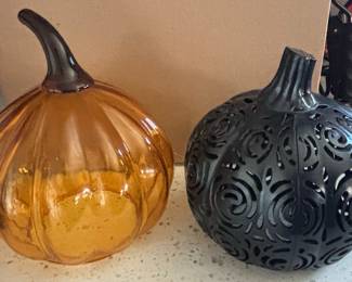 Set of 2 Decorative Pumpkins: Amber Glass and Black Metal Filigree