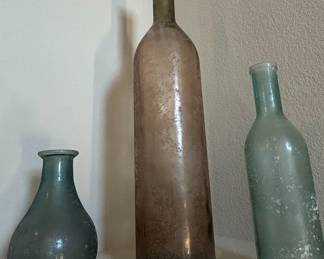 Three Large Decorative Glass Vases/Bottles with Aged/Dug Aesthetic