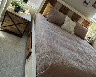Farmhouse Style White and Wood Storage Bed with 'X' Brace Nightstand Set