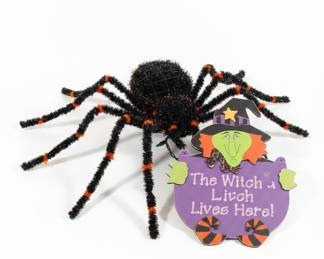 Halloween Tinsel Spider and "The Witch Lives Here" Sign Lot