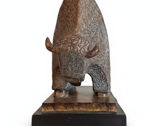 Mid-Century Modernist Bronze Bison Sculpture on Wooden Base