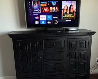 Black Waffle-Panel Media Console with 10 Drawers and 2 Doors