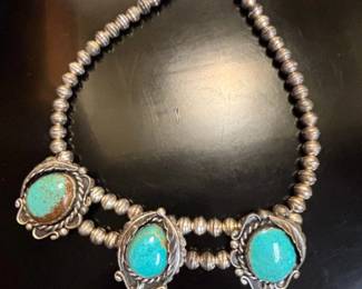 Navajo Turquoise Sterling Silver Squash Blossom Necklace