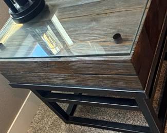 Industrial Style Reclaimed Wood Block and Metal Side Table with Glass Top