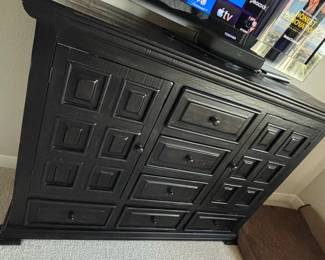 Black Waffle-Panel Media Console with 10 Drawers and 2 Doors