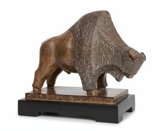 Mid-Century Modernist Bronze Bison Sculpture on Wooden Base