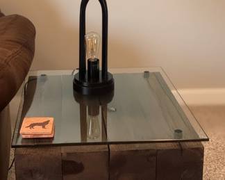 Industrial Style Reclaimed Wood Block and Metal Side Table with Glass Top