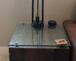 Industrial Style Reclaimed Wood Block and Metal Side Table with Glass Top
