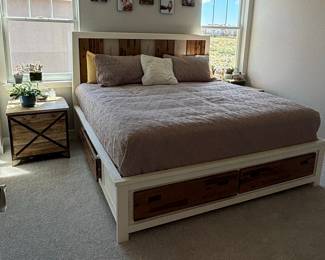 Farmhouse Style White and Wood Storage Bed with 'X' Brace Nightstand Set
