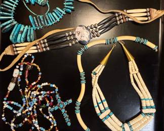 Native American Style Choker and Necklace Set with Turquoise and Bone Elements