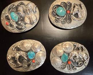 Native American Style Belt Buckles with Turquoise, Coral, and Buffalo Nickels Set of