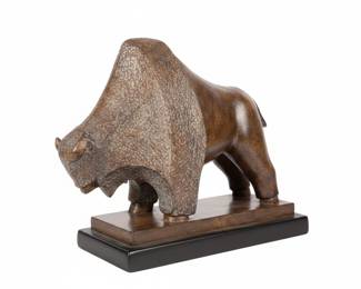 Mid-Century Modernist Bronze Bison Sculpture on Wooden Base
