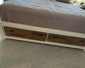 Farmhouse Style White and Wood Storage Bed with 'X' Brace Nightstand Set