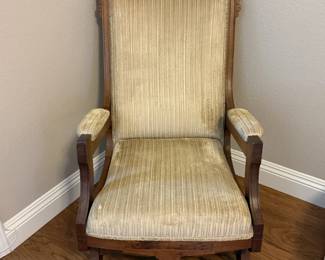 Antique Carved Wood High-Back Upholstered Armchair
