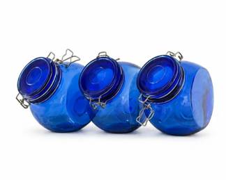 91 VintageCobaltBlueGlassClampLidCanisterJarsSet
